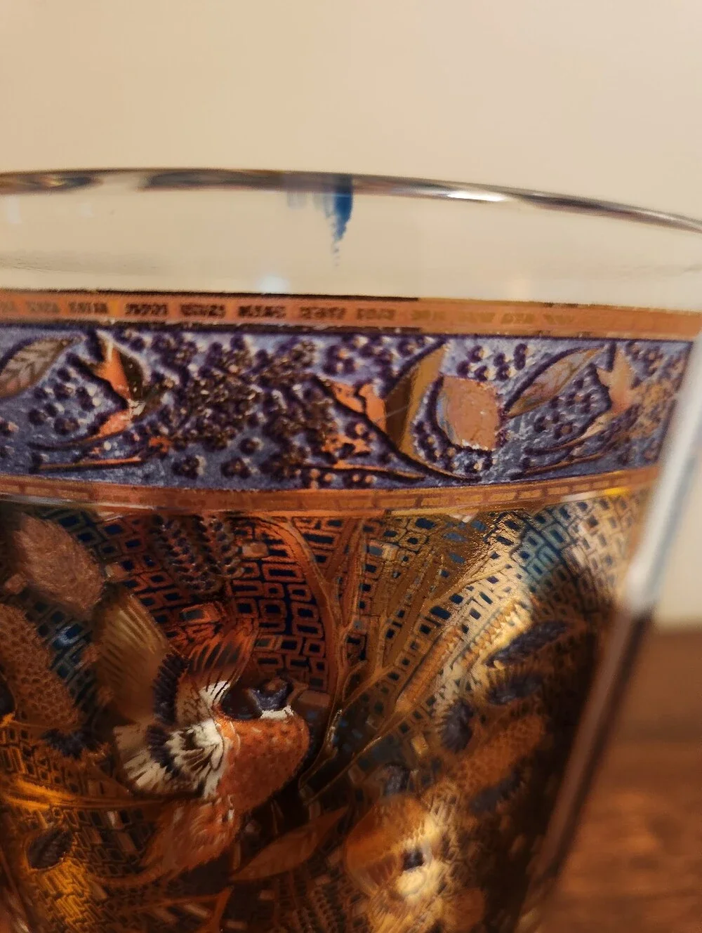 Vintage 1970s Houze Art Glass Pheasant Ice Bucket, Blue Gold Purple Cranberry 6